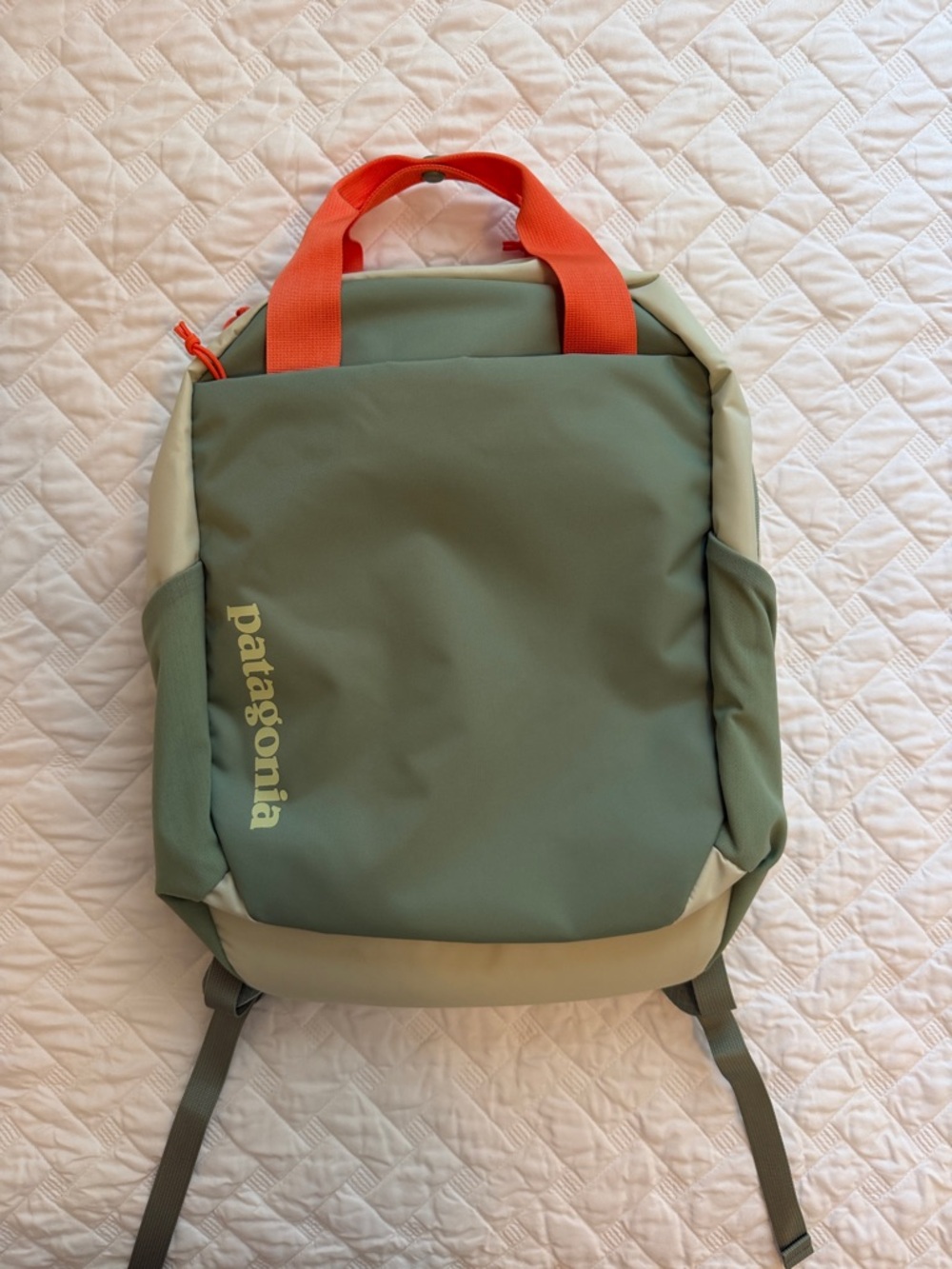 Patagonia Atom Tote Lichen Green Backpack with Orange Handles